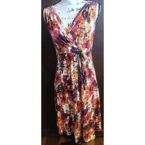 Medium Floral Sleeveless Midi Dress Tie Empire Waist Watercolor Soft red cotton